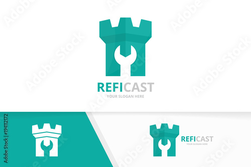 Vector castle logo combination. Tower and repair symbol or icon. Unique fortress and fix logotype design template.