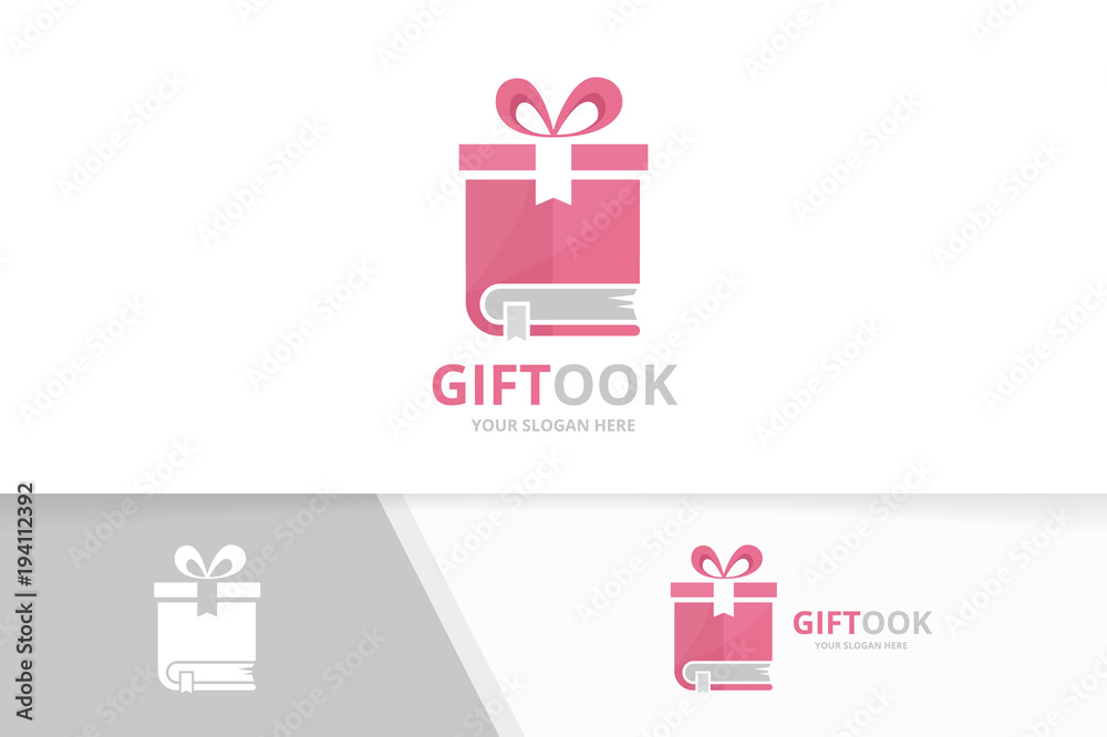 Vector book and gift logo combination. Present and market symbol or icon. Unique bookstore, library and surprise logotype design template. Vector book and gift logo combination. Present and market symbol or icon. Unique bookstore, library and surprise logotype design template.