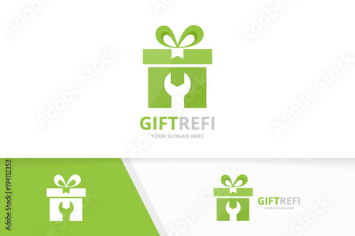 Vector gift logo combination. Present and repair symbol or icon. Unique surprise and fix logotype design template.