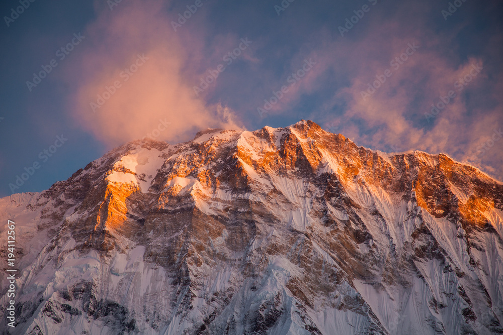 Morning view of Mount Annapurna south from Annapurna base camp, round Annapurna circuit trekking trail, Nepal.