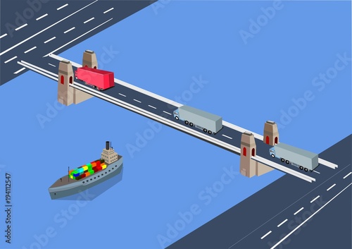 Automobile bridge over river with driving trucks, city modern buildings, concept isometric urban layout vector illustration