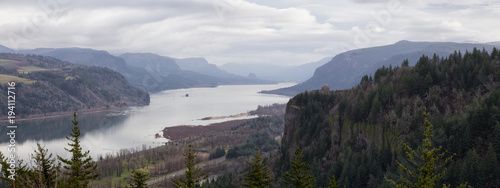 Beautiful panoramic landscape view from Portland Women's Forum State Scenic Viewpoint. Taken on Historic Columbia River Hwy, Oregon. photo