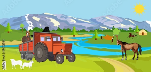 Country side view of typical village  in the mountain valley concept vector of life style of nomads vector
