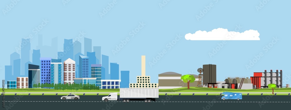 Urban landscape with large modern buildings and industrial suburbs with industrial buildings, factories. Street, road with cars. Concept city life.