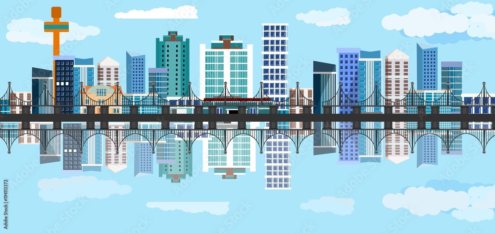 Horizontal Urban landscape with city buildings. City reflected in river's water.