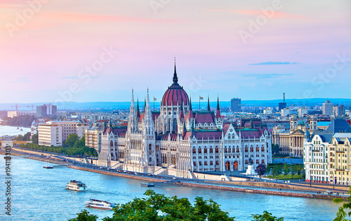 Panorama with building of Hungarian parliament at Danube river