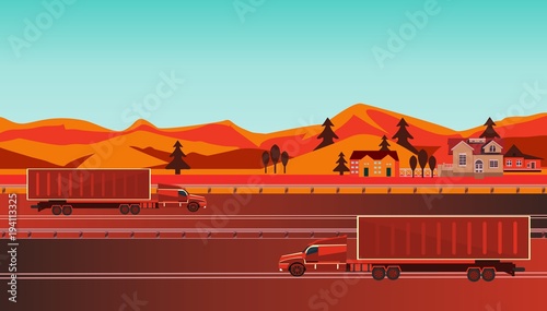 Countryside landscape with road, trucks and suburbs with private houses on a background of mountains and hills. Street, highway with trucks. Concept suburban life.