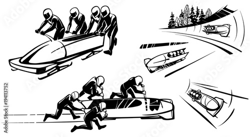 Bobsleigh and four athletes in perspective. Hand drawn illustration photo