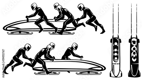 Bobsleigh and four athletes in profile. Hand drawn illustration.