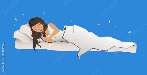 Young sleeping girl. Woman sleeping on white bed sheet and pillow. Vector Illustration, isolated on blue.