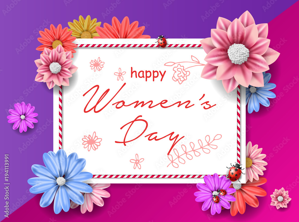 8 march women's day greeting card. Happy Women's Day.  Card for 8 March women's day. Abstract background with paper flower. Vector illustration.