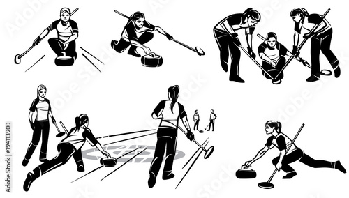 Set of illustrations of women's Curling. Hand drawn illustration