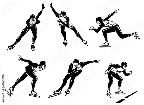Set of illustrations of speed skaters. Hand drawn illustration.