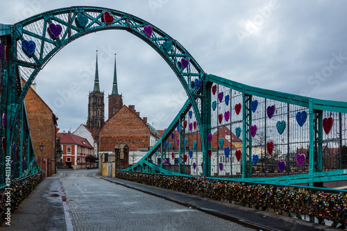 Tumski bridge and Holy Cross church in Wroclaw, Silesia, Poland