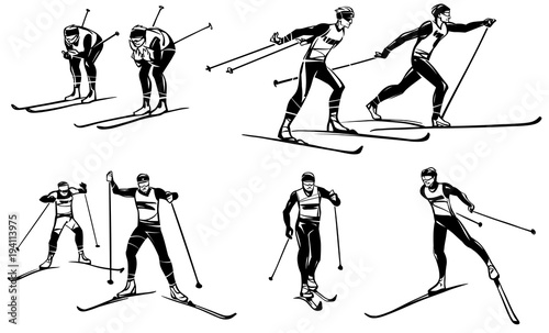 Set of illustrations of competitions on cross-country skiing. Hand drawn illustration