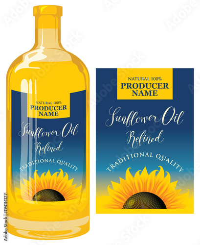 Vector label for refined sunflower oil with sunflower and calligraphic handwritten inscription on blue gradient background. Template label for sunflower oil on glass bottle in retro style.