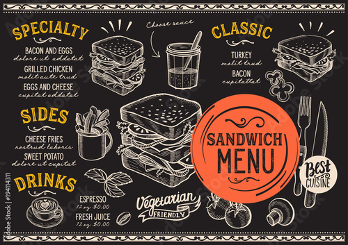 Sandwich restaurant menu. Vector food flyer for bar and cafe. Design template with vintage hand-drawn illustrations.