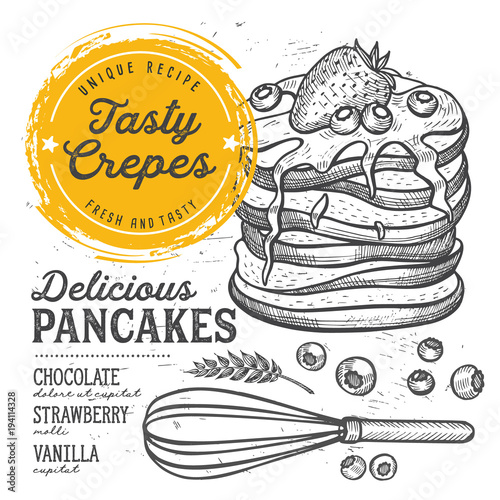 Crepes restaurant menu. Vector pancake food flyer for bar and cafe. Design template with vintage hand-drawn illustrations.