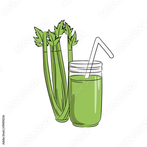 vector green color celery vegetable smoothy juice in jar on white, healthy vegetarian menu