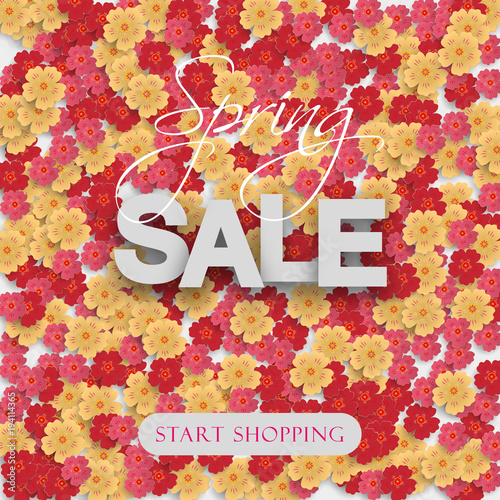 Spring sale flyer pattern with paper cut flowers. Bright floral background. Vector illustration.