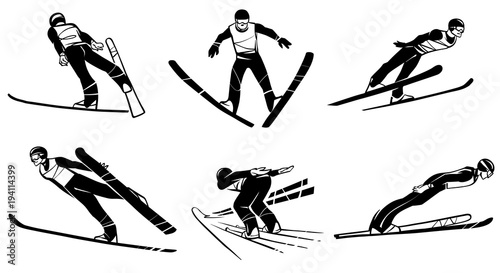 Set of athletes skiers in flight. Ski jumping. Hand drawn illustration