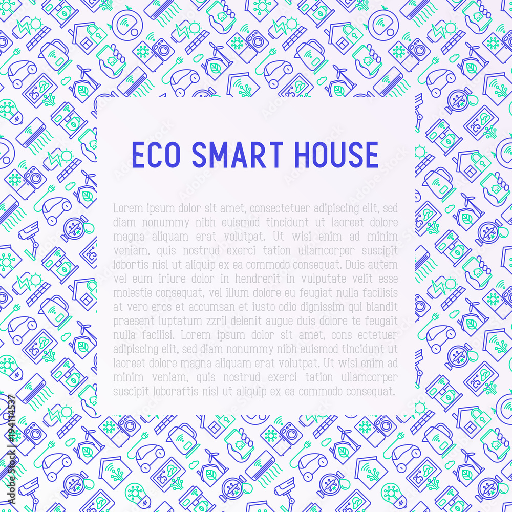 Eco smart house concept with thin line icons: solar battery, security, light settings, appliances, artificial intelligence, mobile app control. Energy saving and new technologies vector illustration. Eco smart house concept with thin line icons: solar battery, security, light settings, appliances, artificial intelligence, mobile app control. Energy saving and new technologies vector illustration.