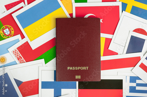 clean red and several cards with flags of the world.