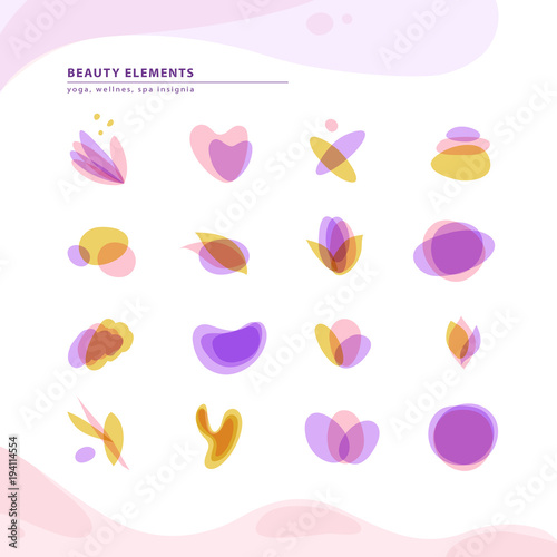 Vector collection of transparent beauty, spa, and yoga symbols in light colors isolated on white background. Perfect for massage saloon, wellness and health care centers, fashion insignia design.