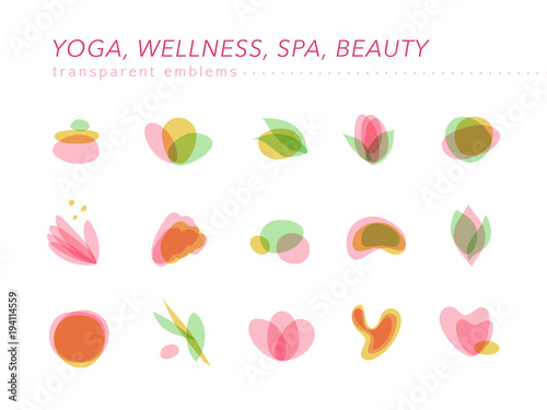 Vector collection of transparent beauty, spa, and yoga symbols in light colors isolated on white background. Perfect for massage saloon, wellness and health care centers, fashion insignia design.