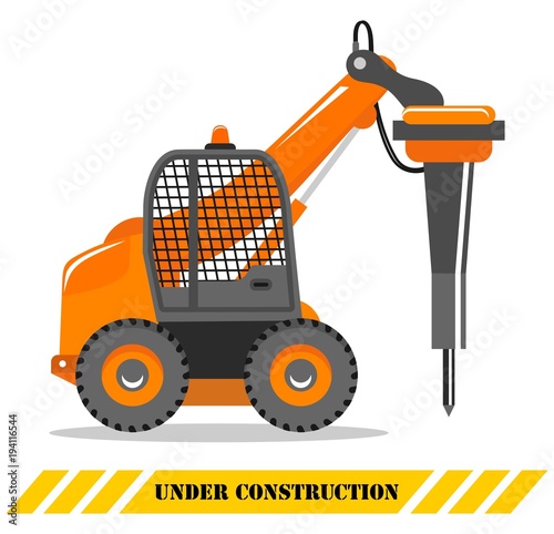Detailed illustration of excavator with hammer. Hydraulic crusher. Heavy construction machine. Building machinery. Special equipment. Vector.