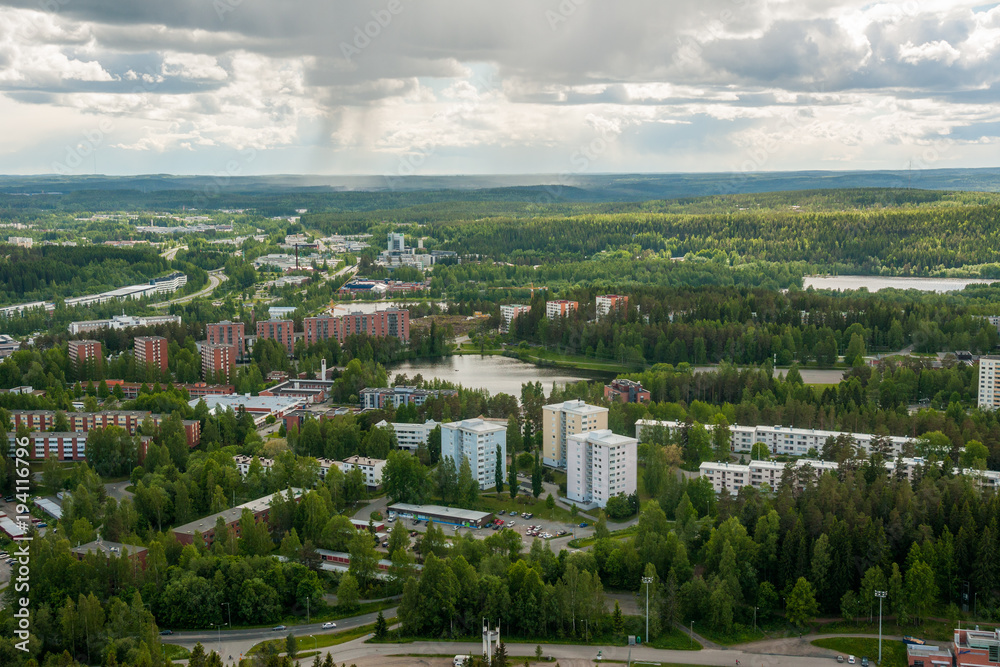 View from mountain to Kuopio and lakes on summer day, Northern Savonia, Finland
