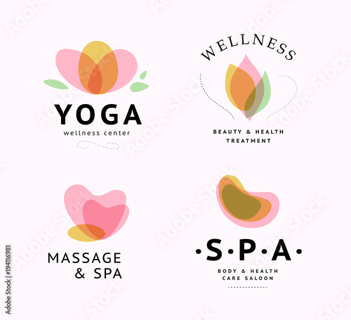 Vector collection of transparent beauty, spa, and yoga symbols in light colors isolated on white background. Perfect for massage saloon, wellness and health care centers, fashion insignia design.