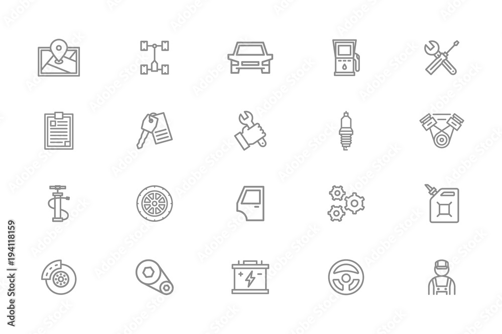 Set of vector car service and auto repair line icons. Route map, undercarriage, automobile, oil station, wrench, screwdriver, clipboard, key, spark plug, motor, mechanic, pump, wheel, gear wheel, disc Set of vector car service and auto repair line icons. Route map, undercarriage, automobile, oil station, wrench, screwdriver, clipboard, key, spark plug, motor, mechanic, pump, wheel, gear wheel, disc