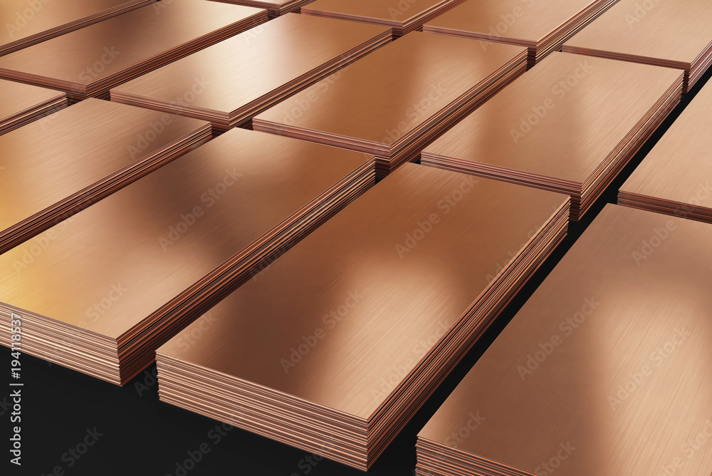 Copper sheets. Piles of copper metal in stock. 3d illustration. Stock  Illustration
