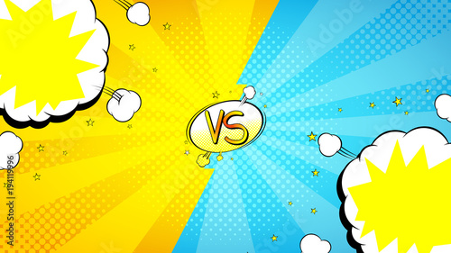 Versus letters fight banner. Vector illustration with speech bubbles. Decorative yellow and blue banner with bomb explosive in pop art style.