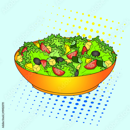 Pop art Greek salad or Horiatiki salad. Proper nutrition. Food vector. imitation comic style.
