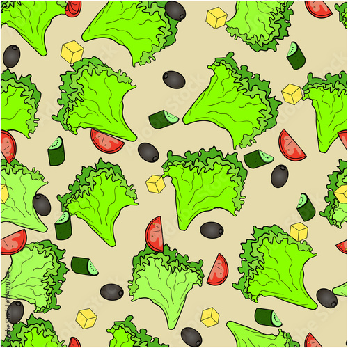 Seamless background ingredients Greek salad or Horiatiki salad. Proper nutrition. Food vector.
