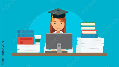 Studying - vector illustration with young student with a computer, many books and papers. Square academic cap. Education concept illustration