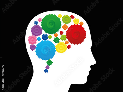 Thinking brain. Intelligence, creativity and ingenuity depicted with a brain with colorful cog wheels - isolated vector illustration on black background.