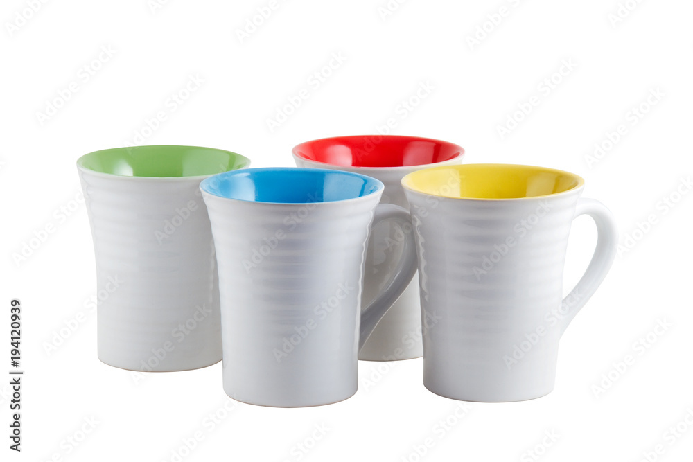 set of ceramic cups, colored inside, on white background set of ceramic cups, colored inside, on white background