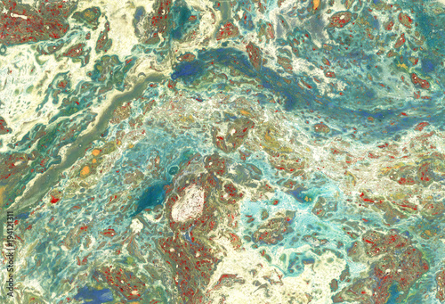 Fototapeta Naklejka Na Ścianę i Meble -  Multicolored marbled paper background in green, blue and earthy colors