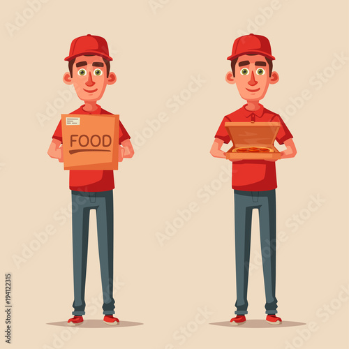 Delivery service. Man with box. Cartoon vector illustration