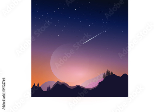 Super full moon and star trail at twilight with silhouette mountain vector