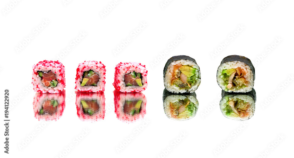 Japanese sushi and rolls isolated on white background.