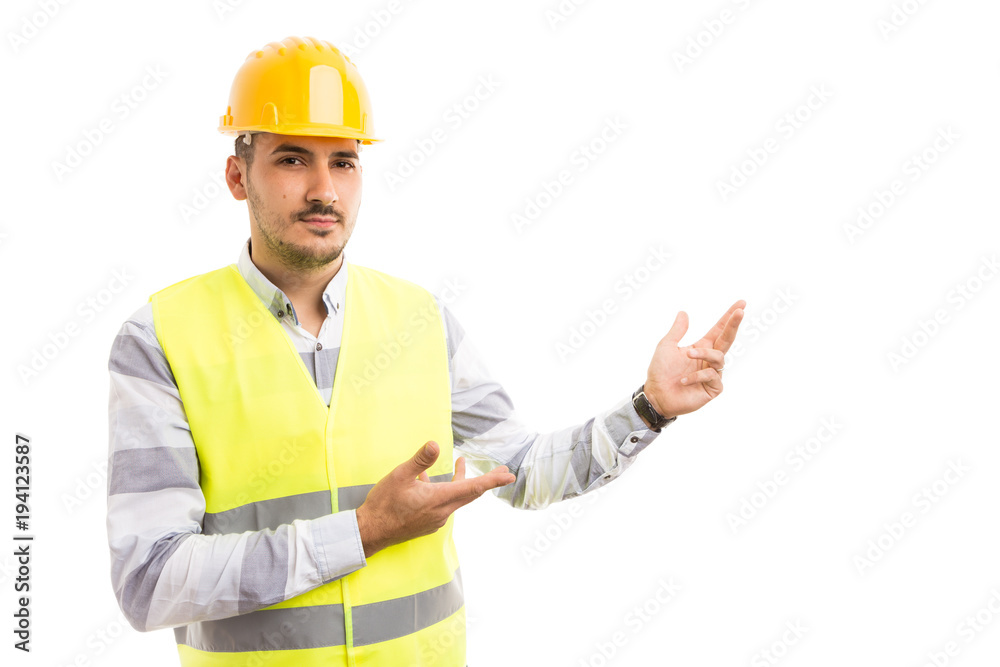 Architect or constructor presenting white copy space. Architect or constructor presenting white copy space.