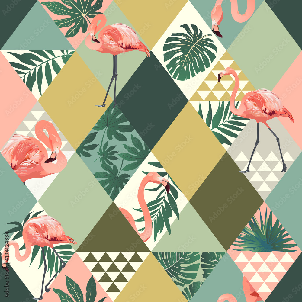 Fototapeta premium Egzotyczna plaża modny wzór patchwork ilustrowany kwiatowy wektor tropikalnych liści. Dżungla różowe flamingi drukują tło.