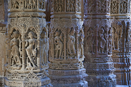 Carved pillars of the Sun Temple. Built in 1026 - 27 AD during the reign of Bhima I of the Chaulukya dynasty, Modhera, Mehsana,  Gujarat photo