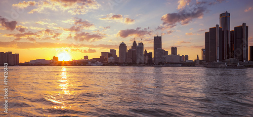 Beautiful skyline of Detroit City, the view from Windsor, Ontario, Canada. 
