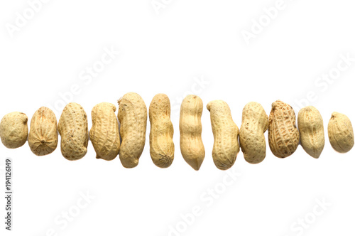 Roasted and dried peanuts in strange shape on white background