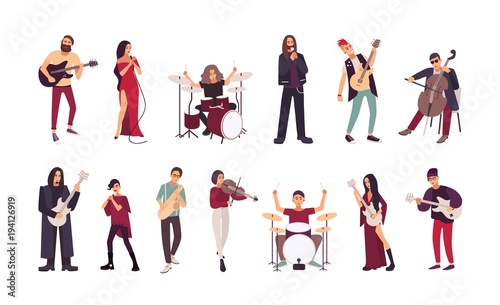Collection of male and female singers and musicians isolated on white background. Men and women singing and playing guitar, cello, drum kit, violin, saxophone. Cartoon flat vector illustration.